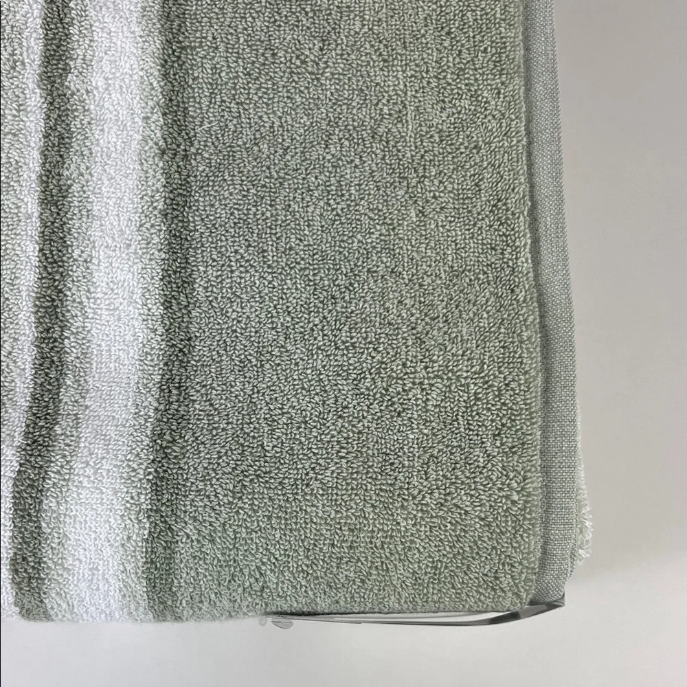 2pc DKNY Bath Towels Eco Hue Sage and White Striped Plush Cotton NEW